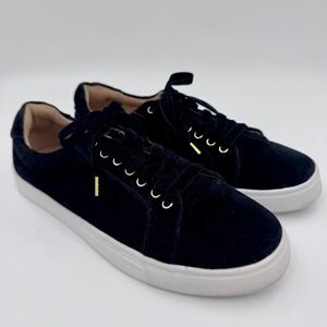 EUC Loft Womens Black Velvet Low Top Sneakers Gold Hardware Shoes 9.5M